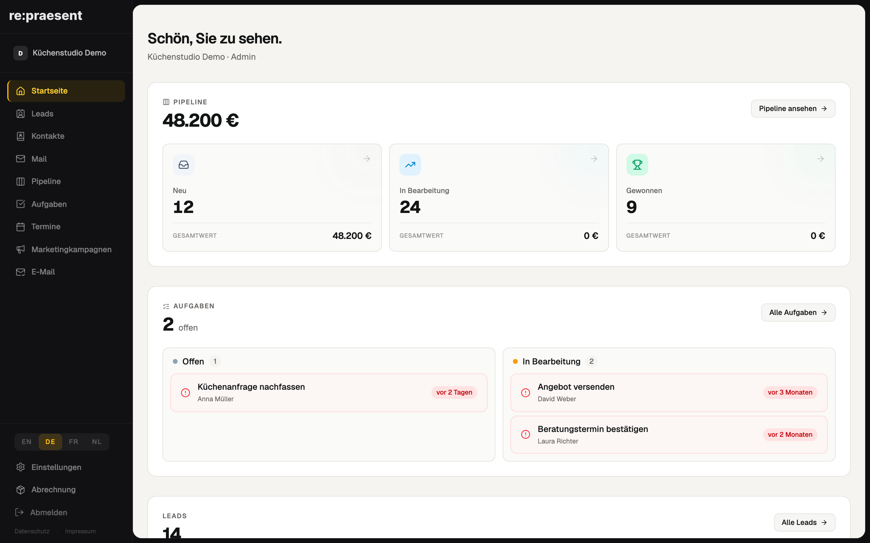 Dashboard — Pipeline, Aufgaben und Lead-Übersicht