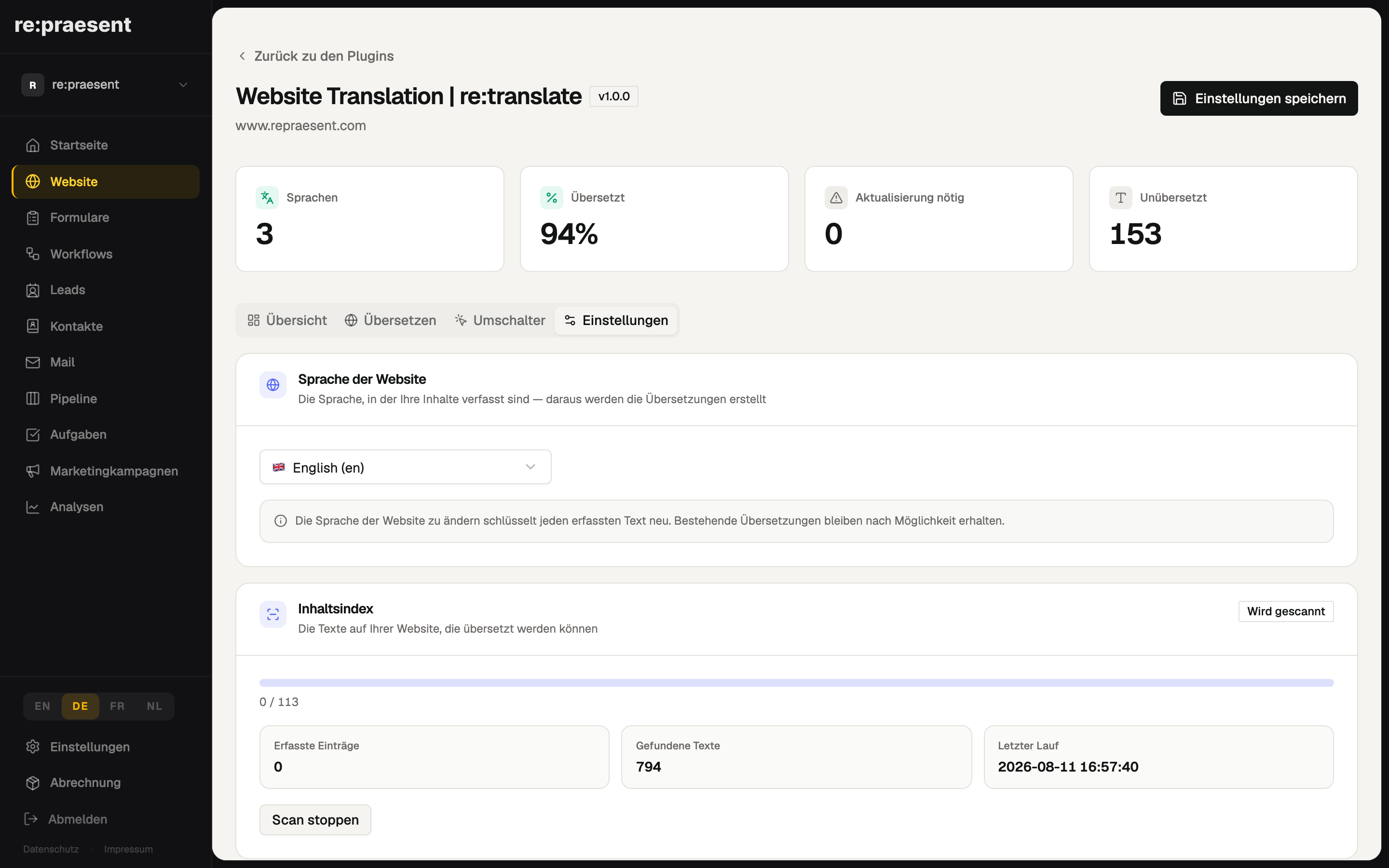 re:translate Einstellungen — Inhaltsindex