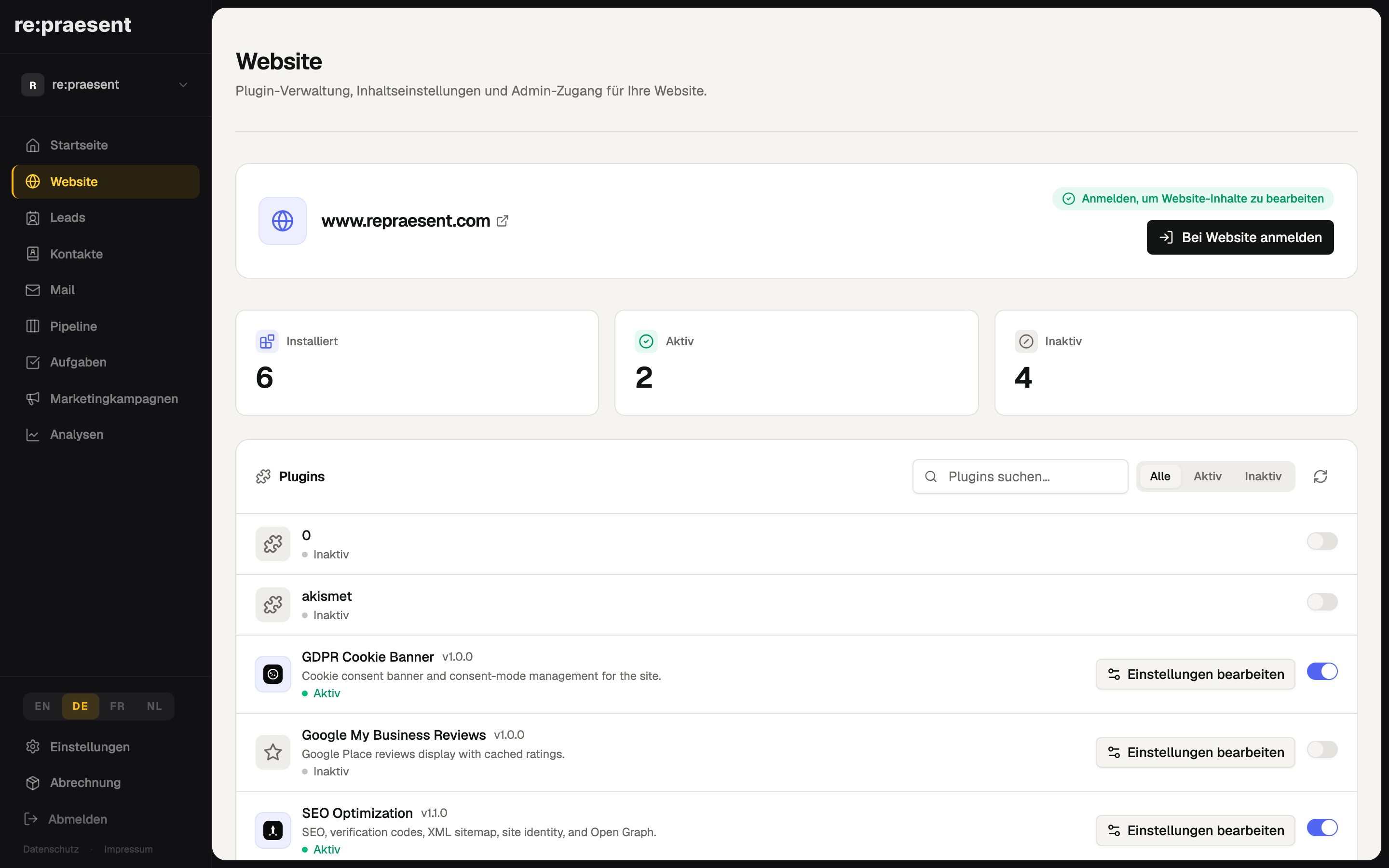 Website — CMS-Anmeldung und Plugin-Verwaltung