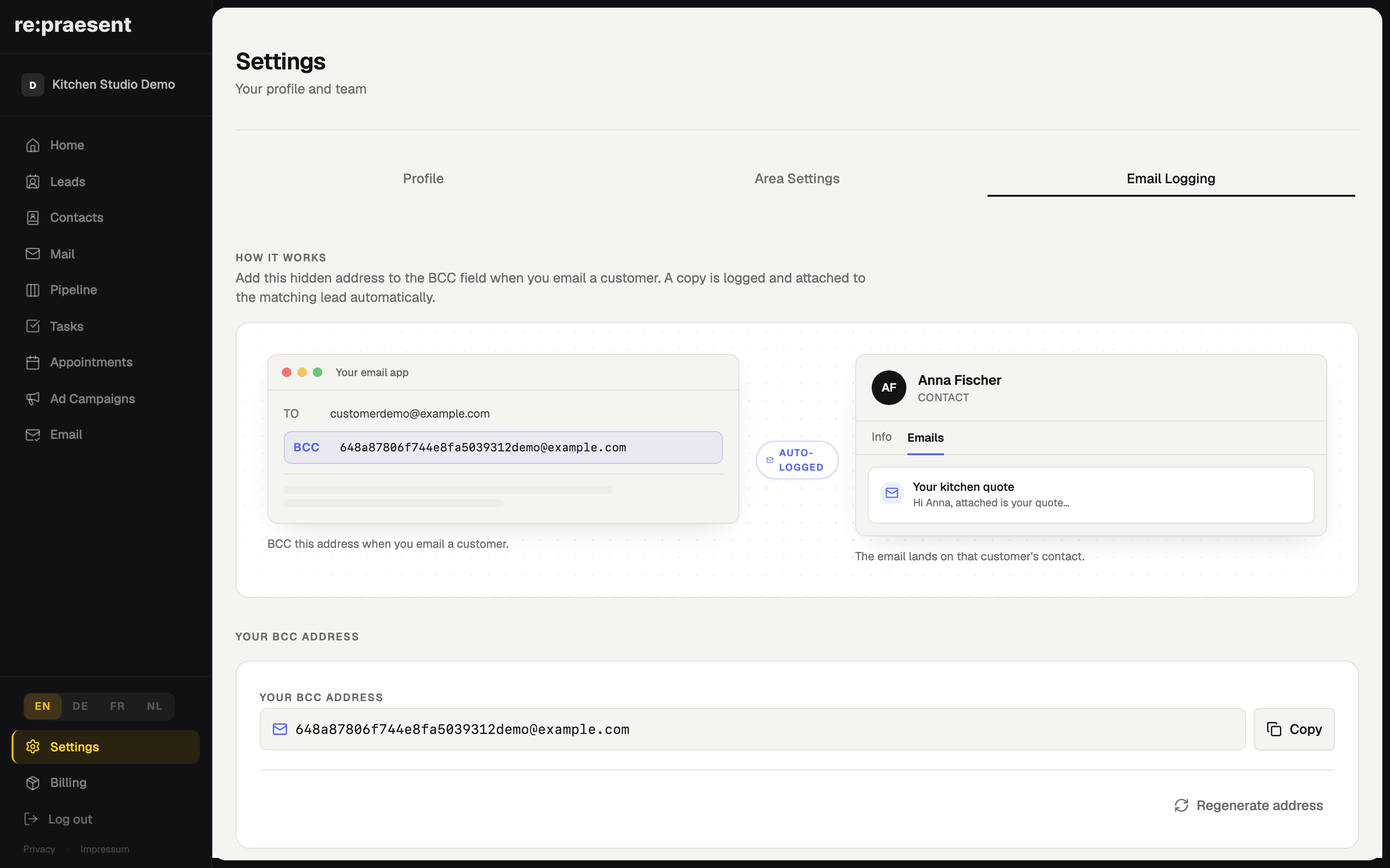 Email logging — BCC address for customer emails