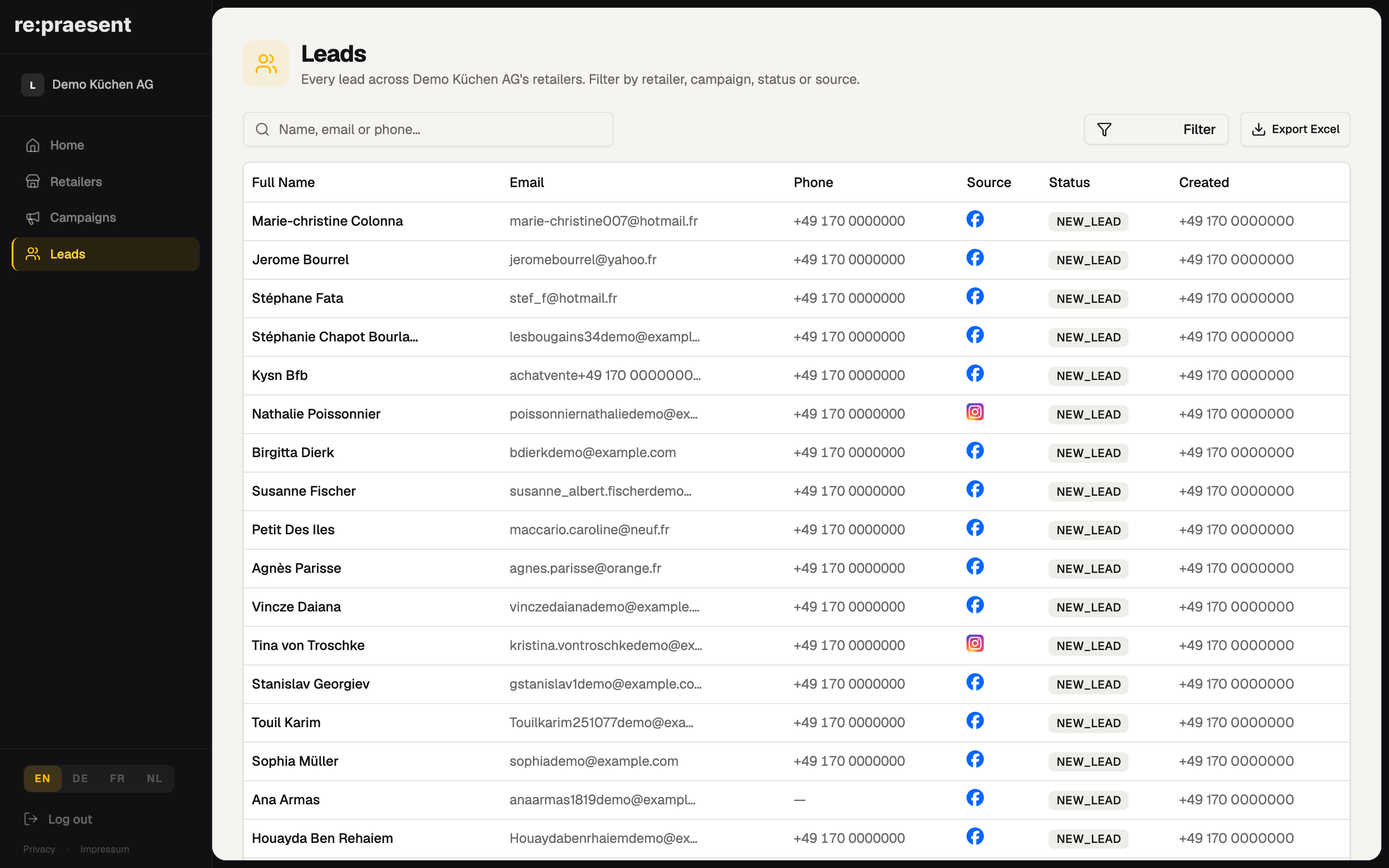 Brand-wide leads — filter and export