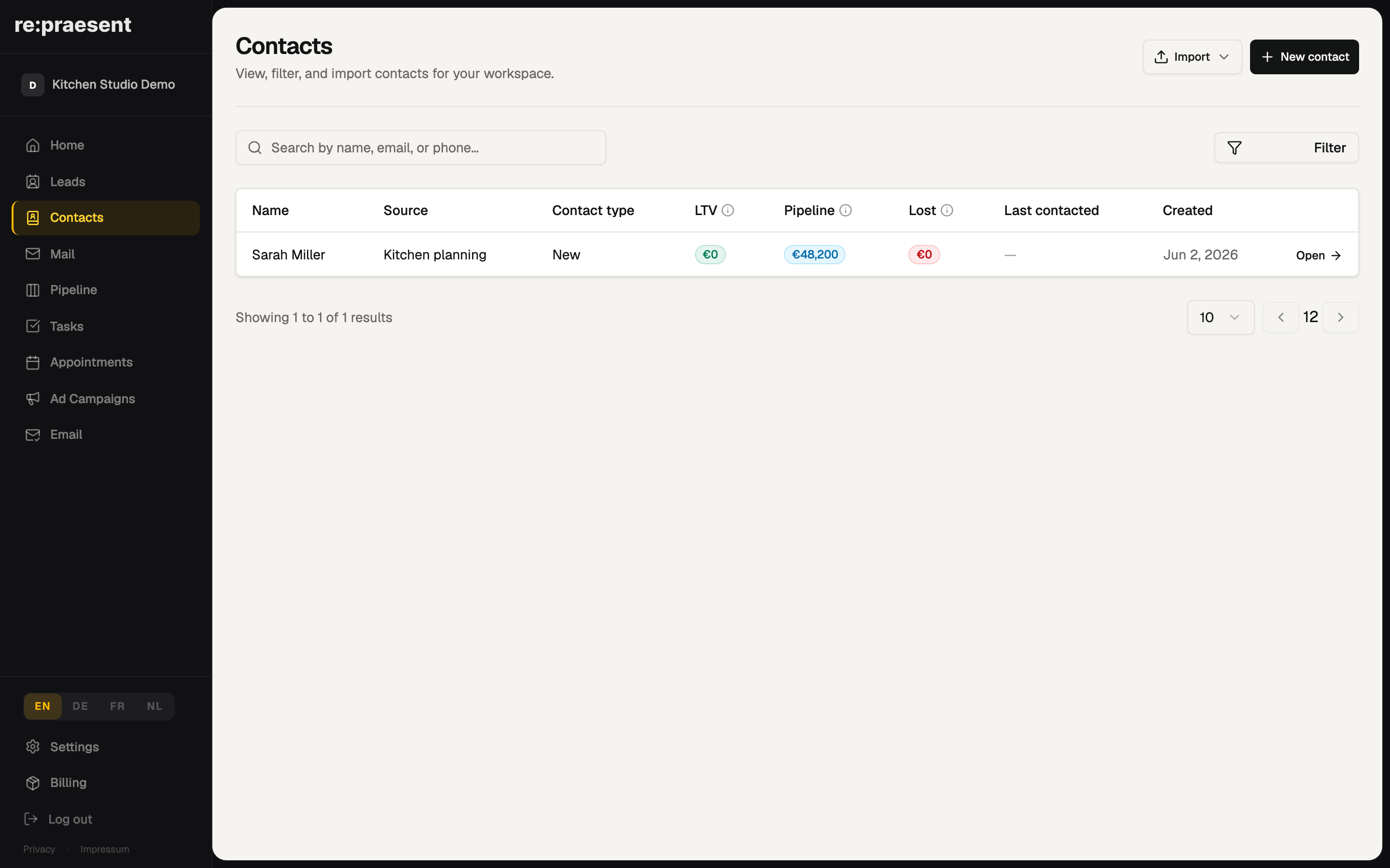 Contacts — customers and email history