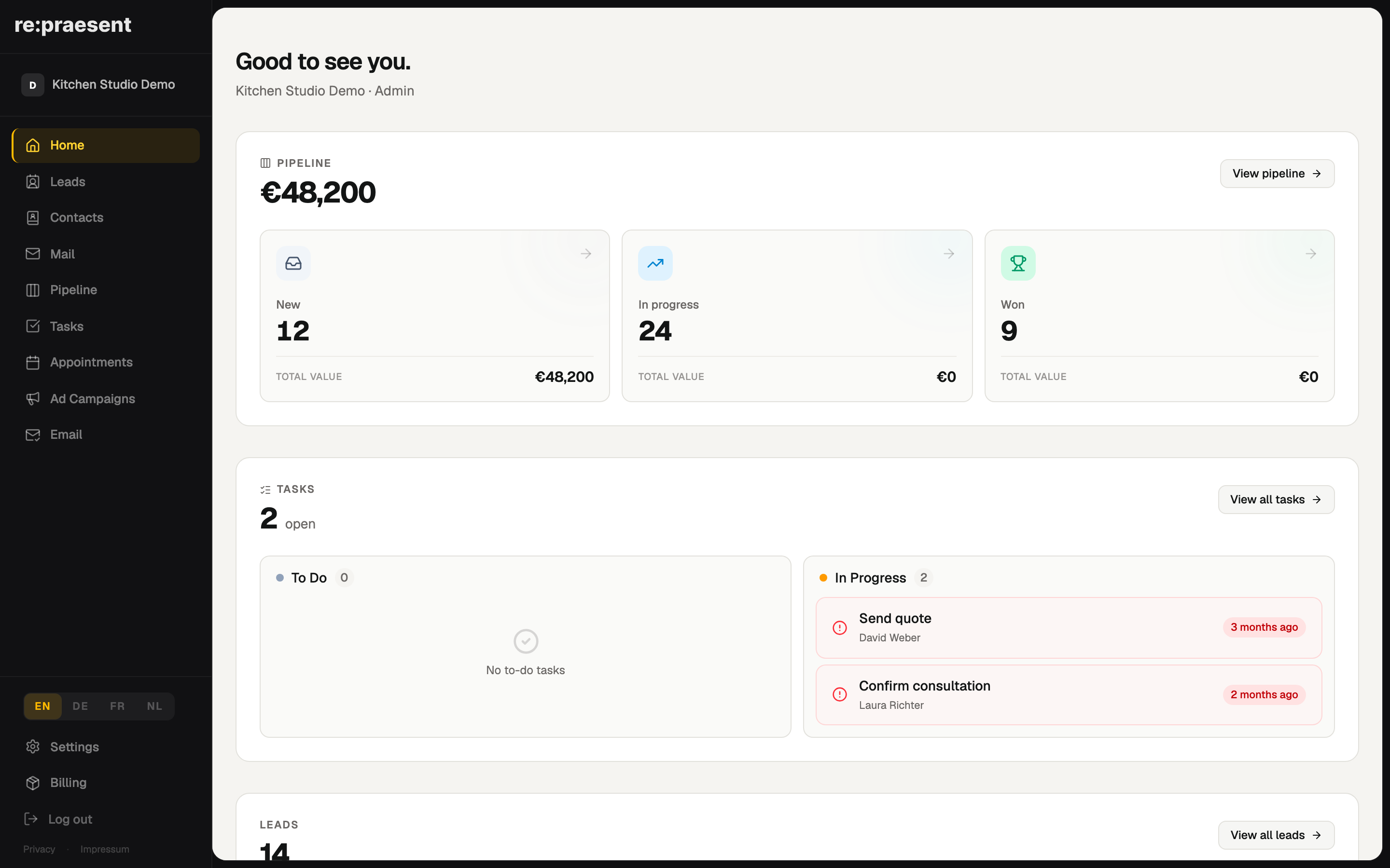 Dashboard — pipeline, tasks, and leads overview