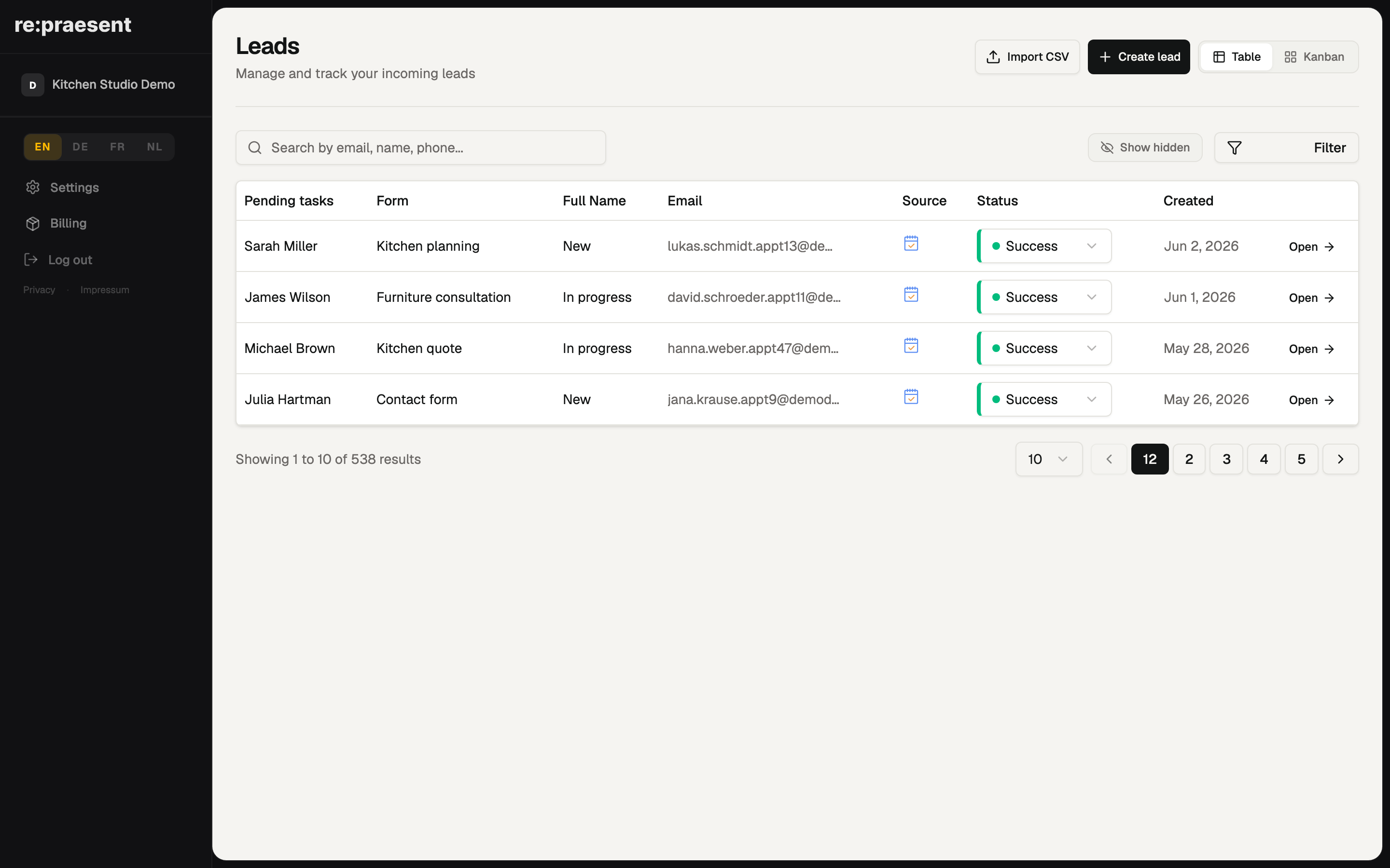 Leads — every inquiry in one place