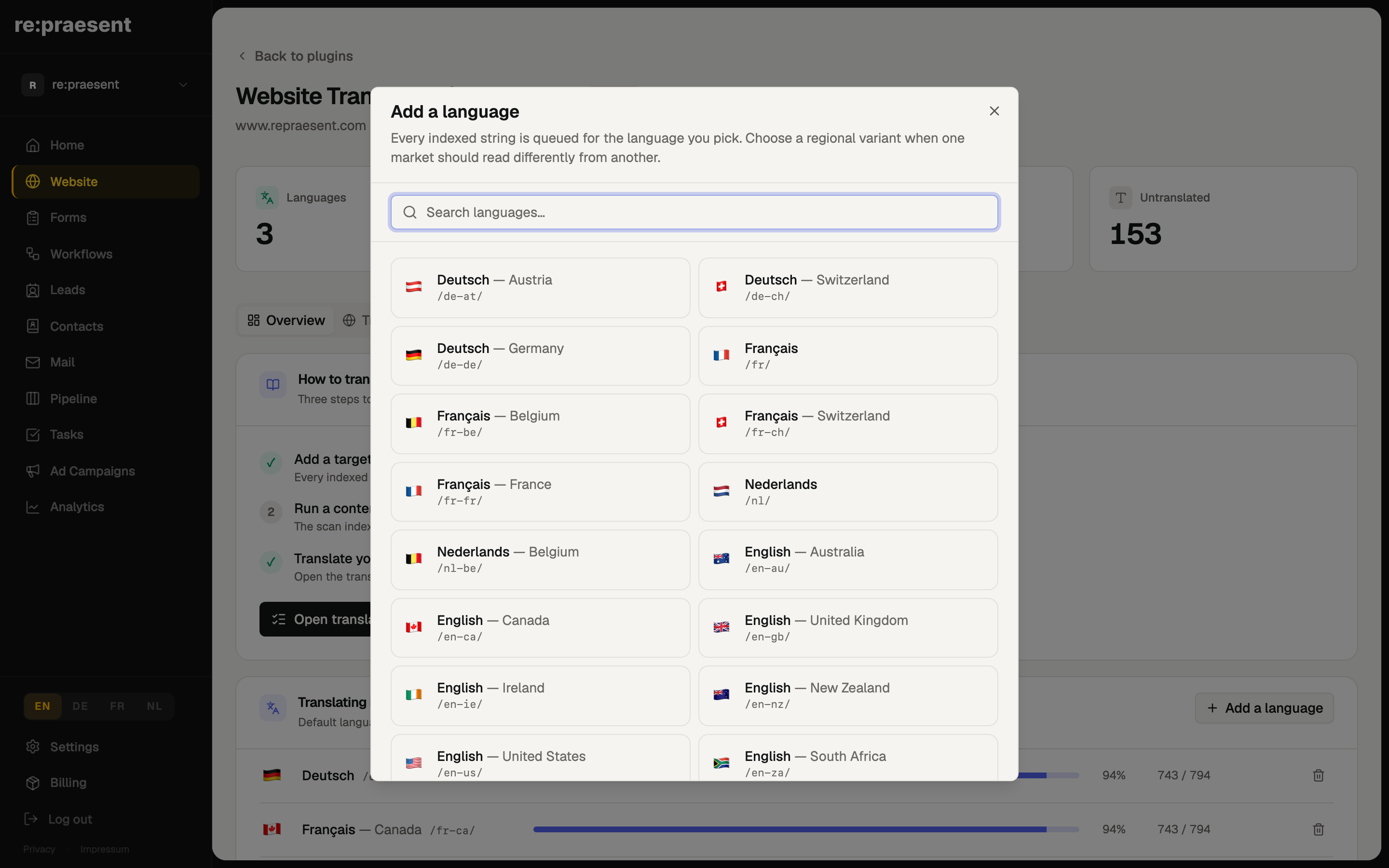 Add a language dialog