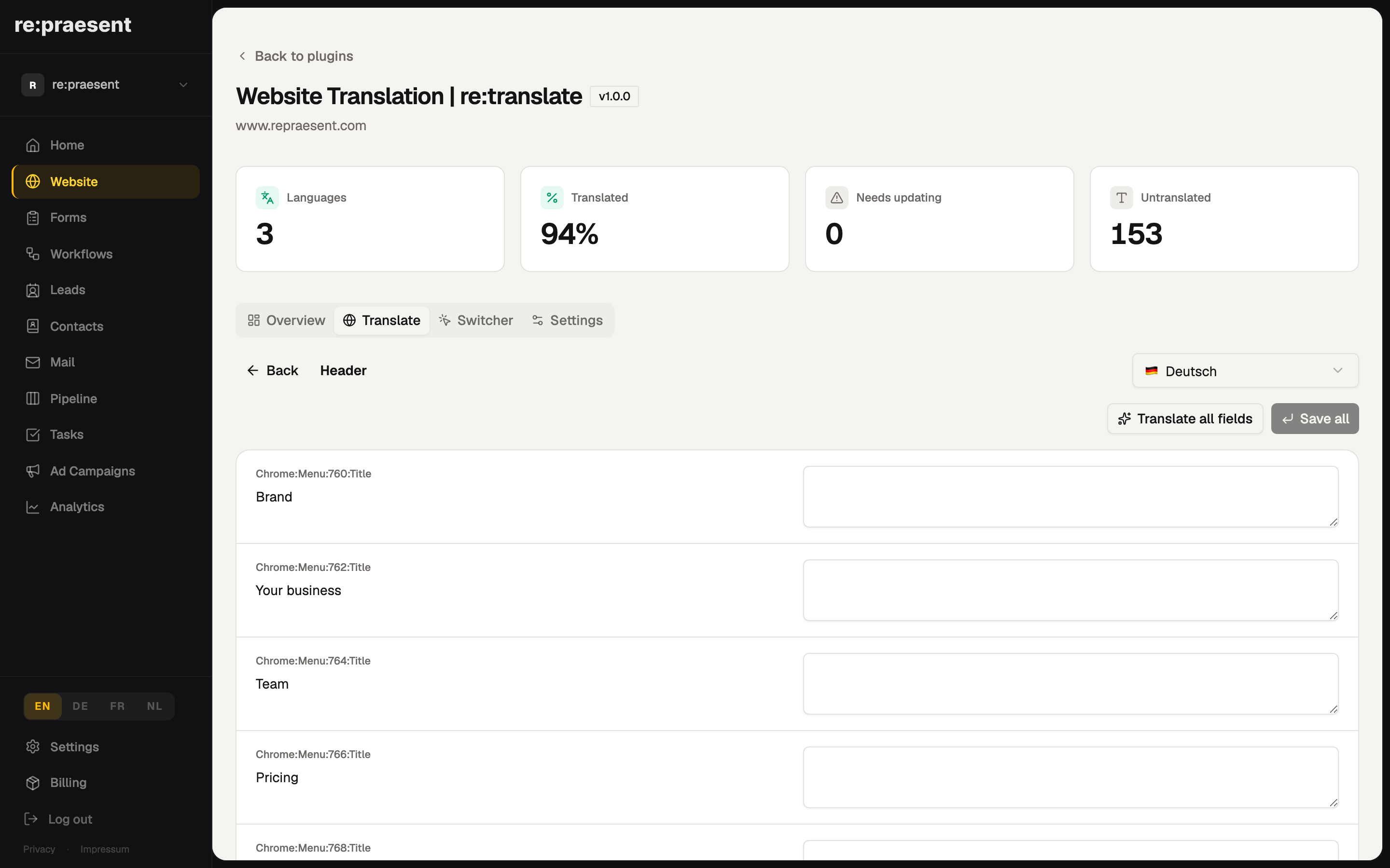 AI Translate all fields in the editor