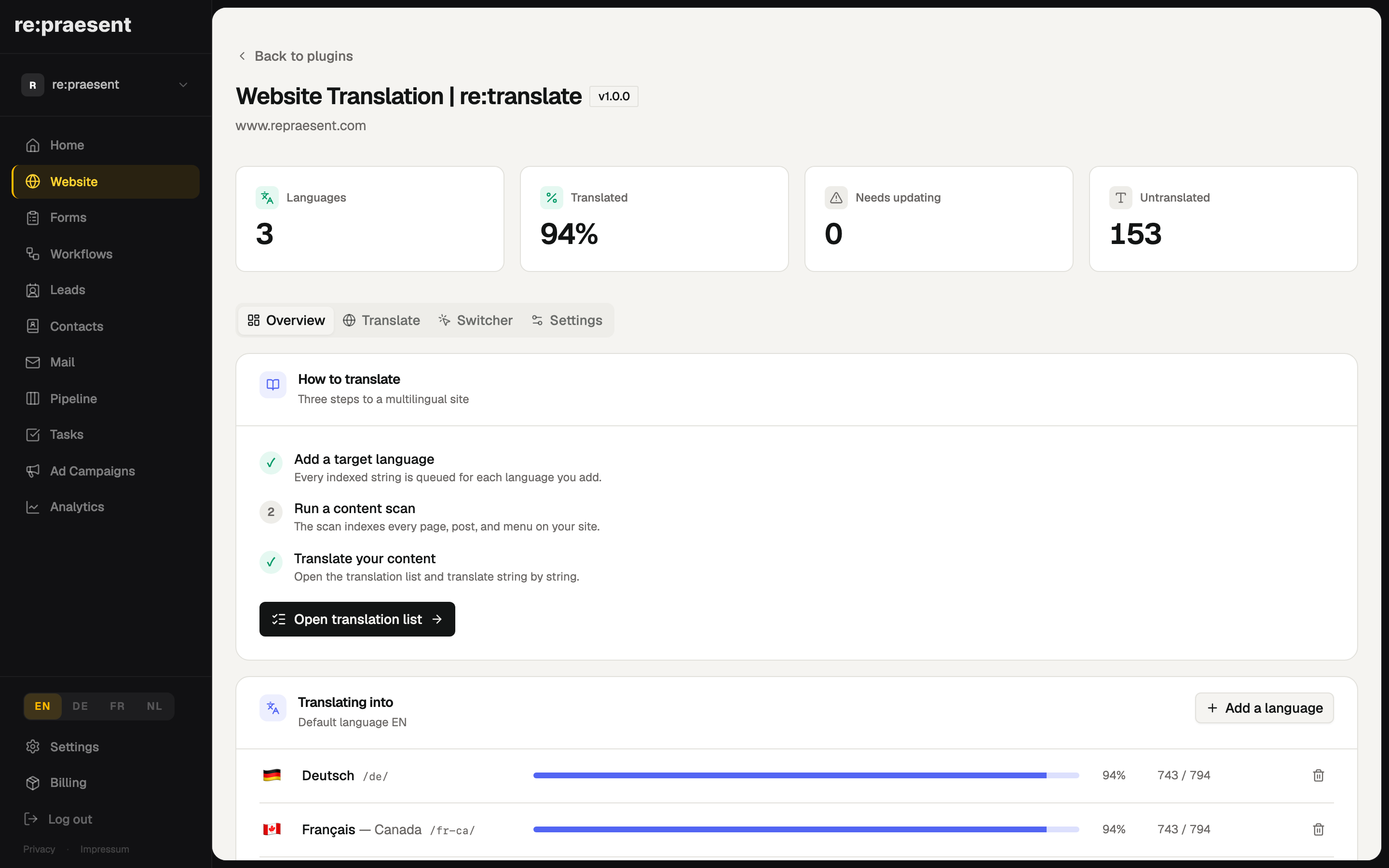 re:translate Overview — languages and progress