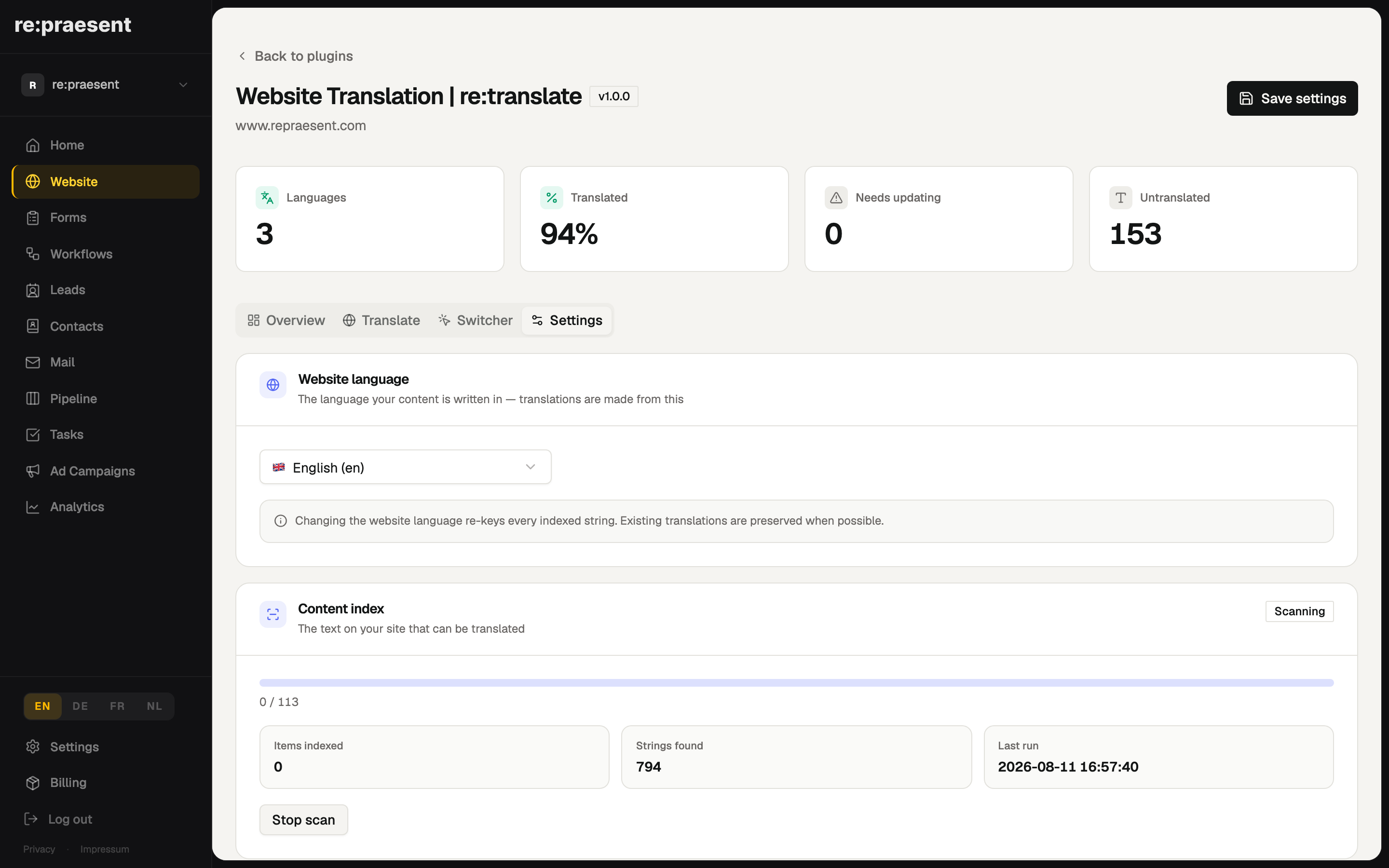 re:translate Settings — content index