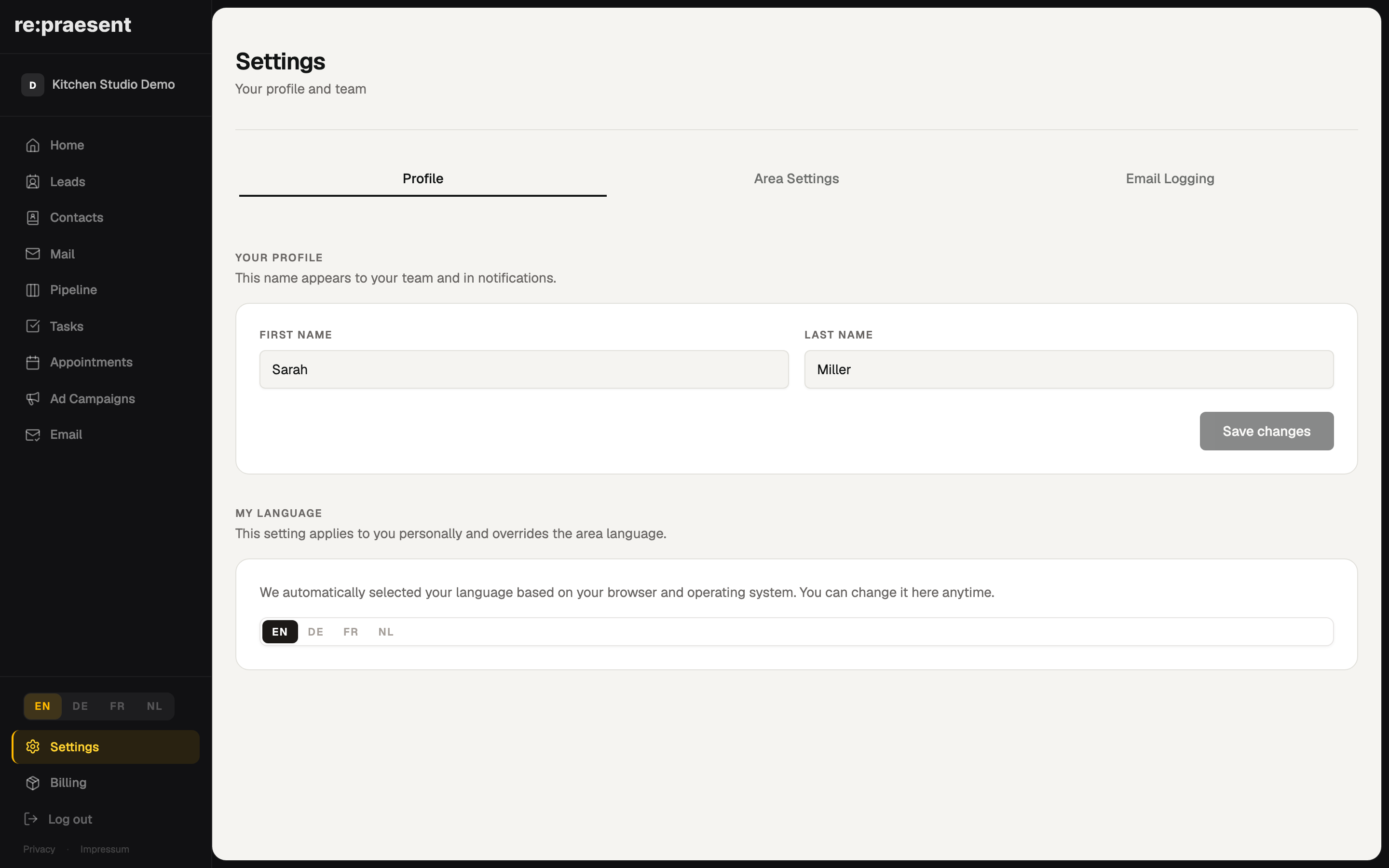 Settings — profile and team