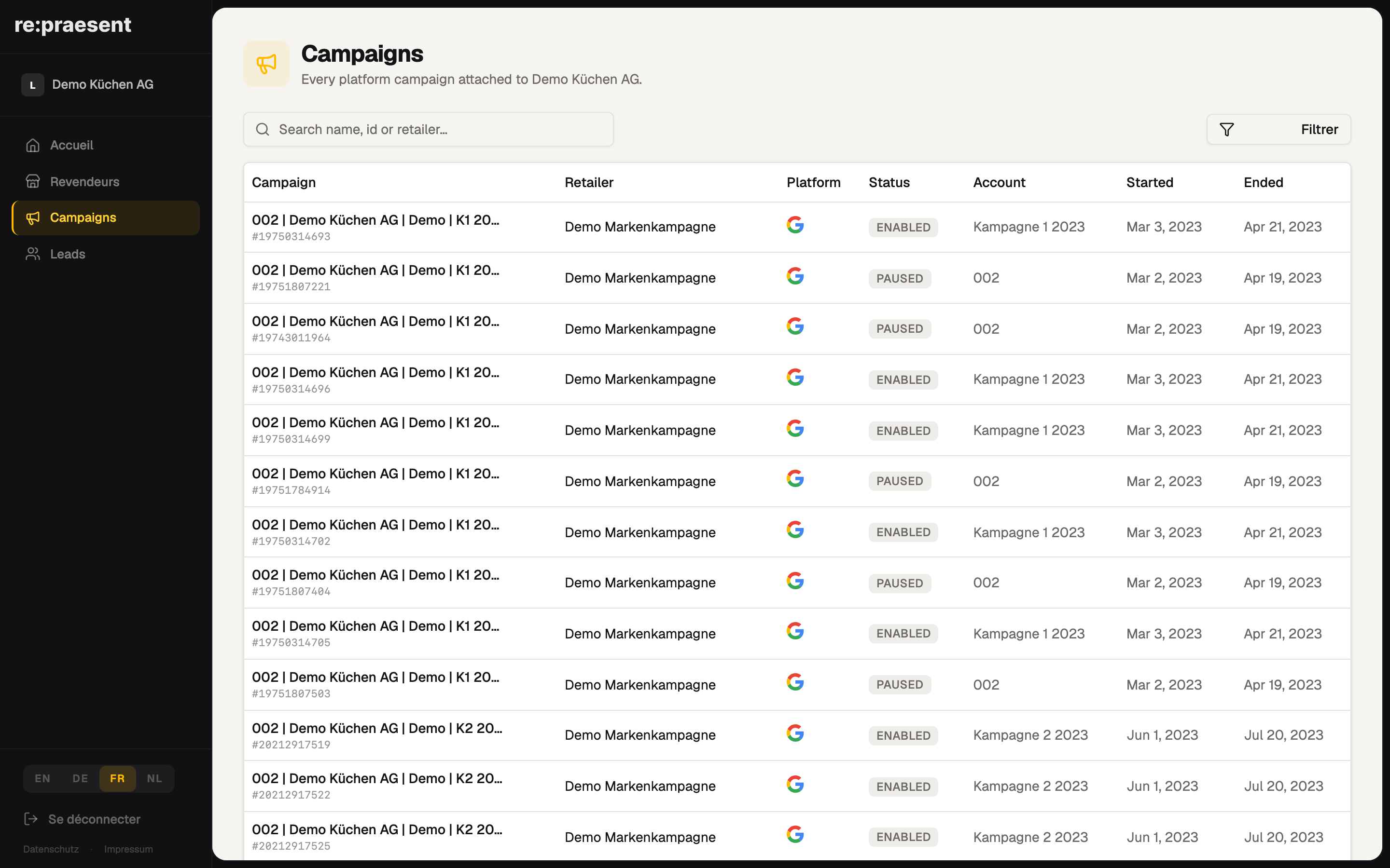 Campagnes — Google et Facebook