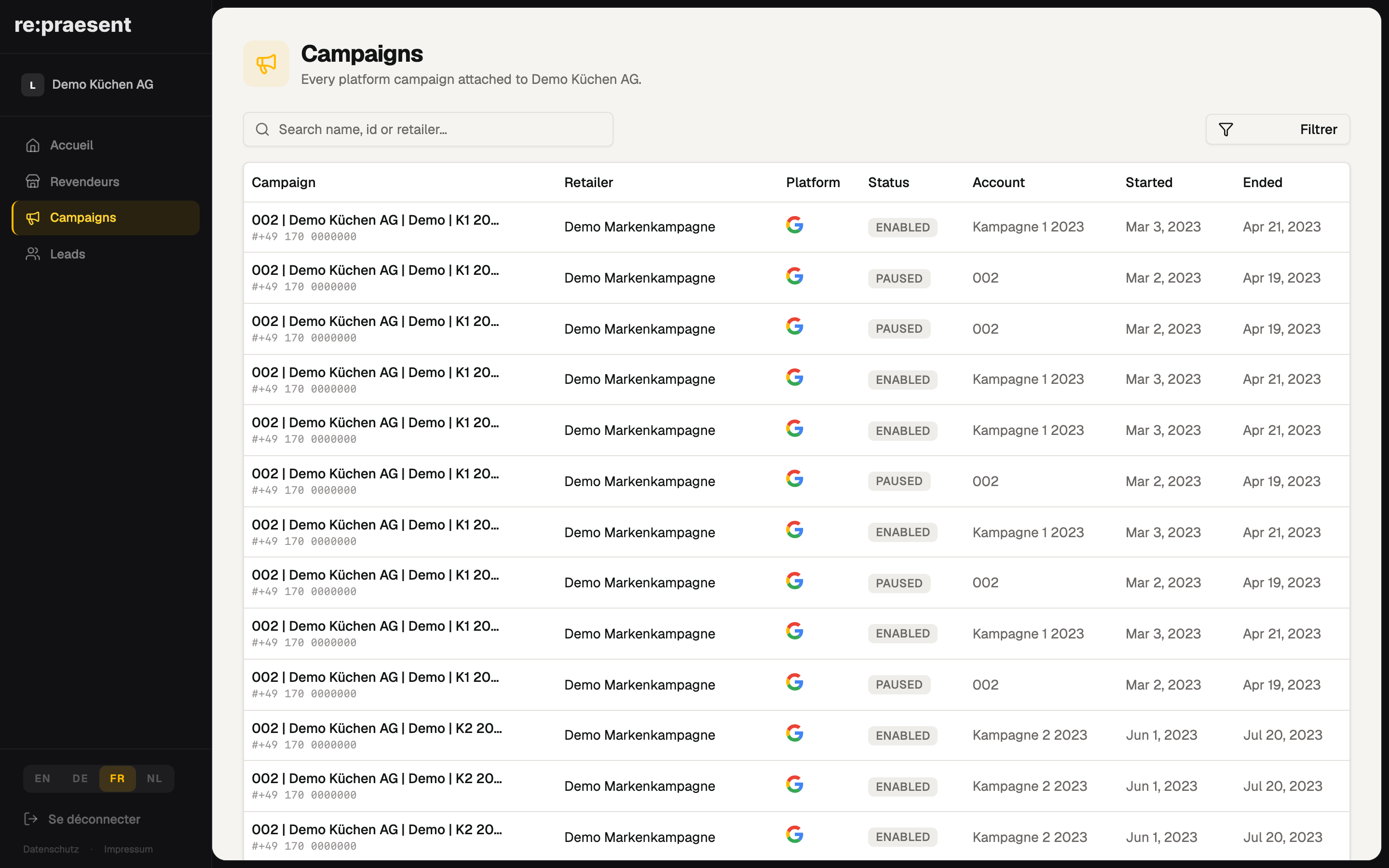 Campagnes — Google et Facebook