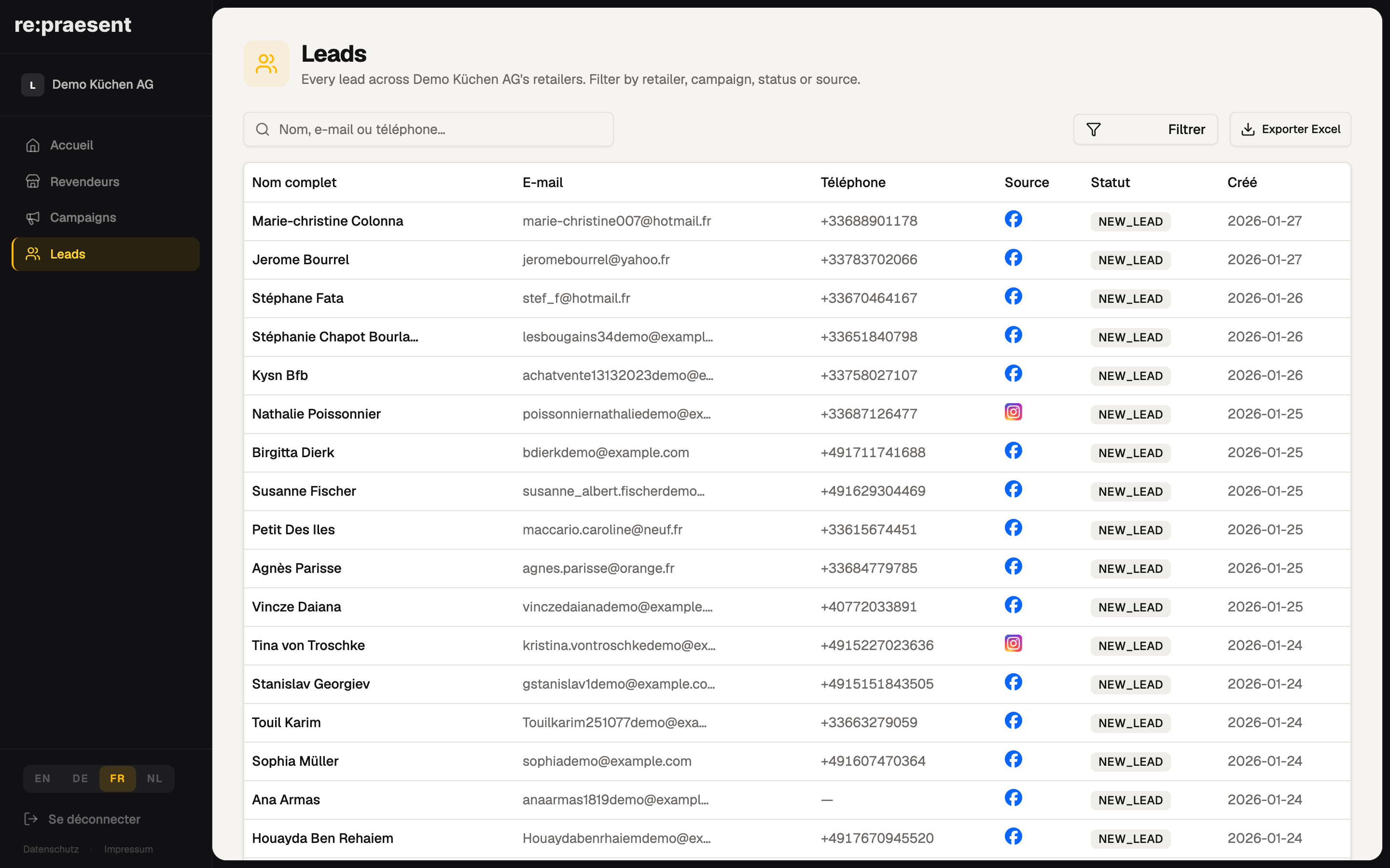 Leads marque — filtrer et exporter