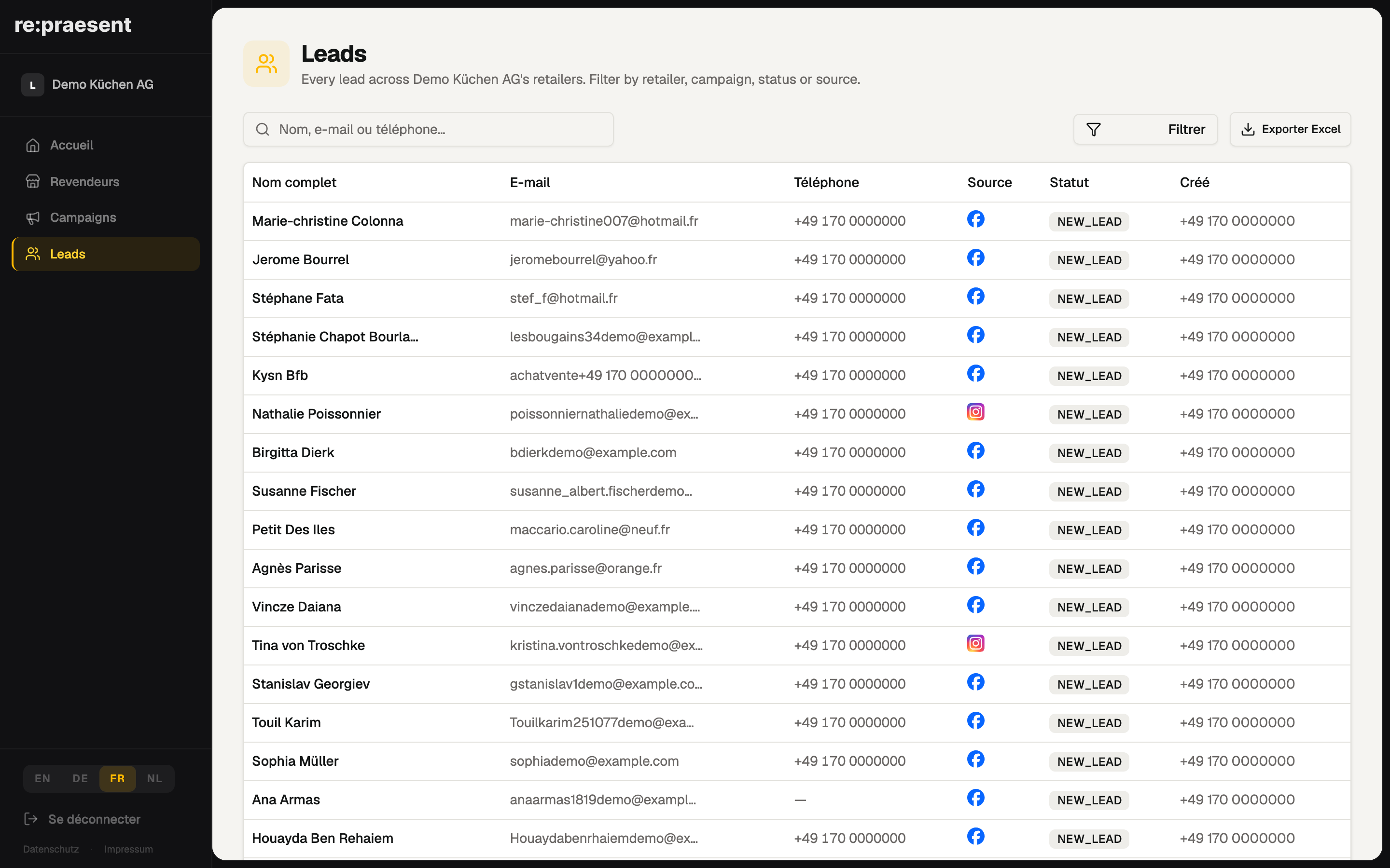 Leads marque — filtrer et exporter
