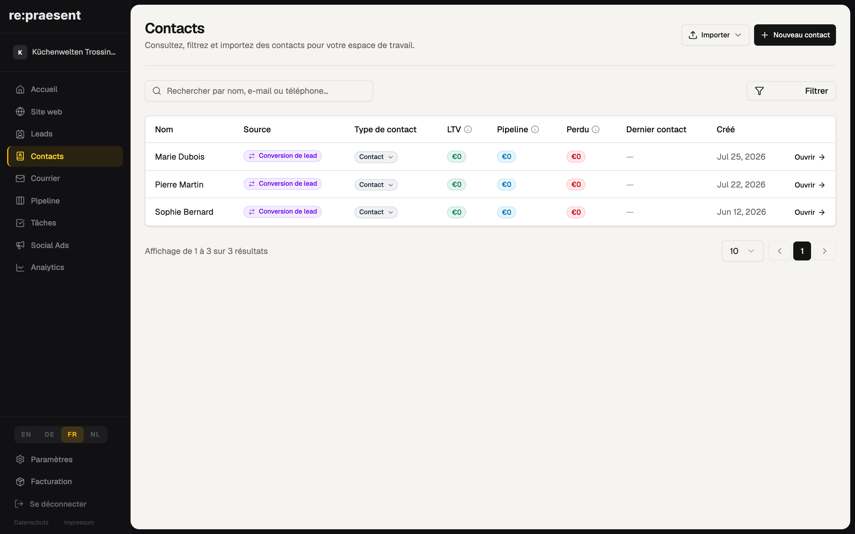 Contacts — clients et historique e-mail