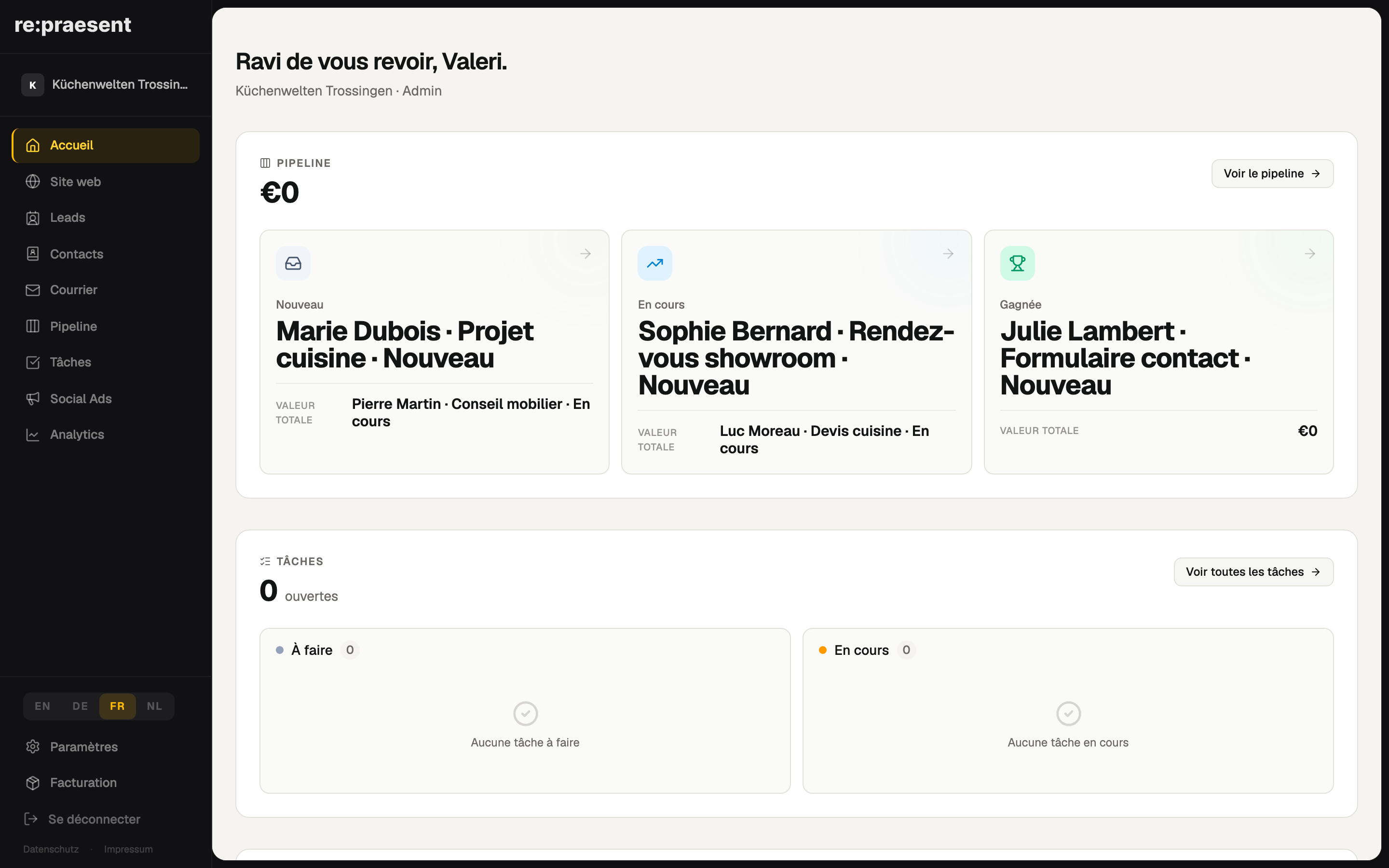 Tableau de bord — pipeline, tâches et leads