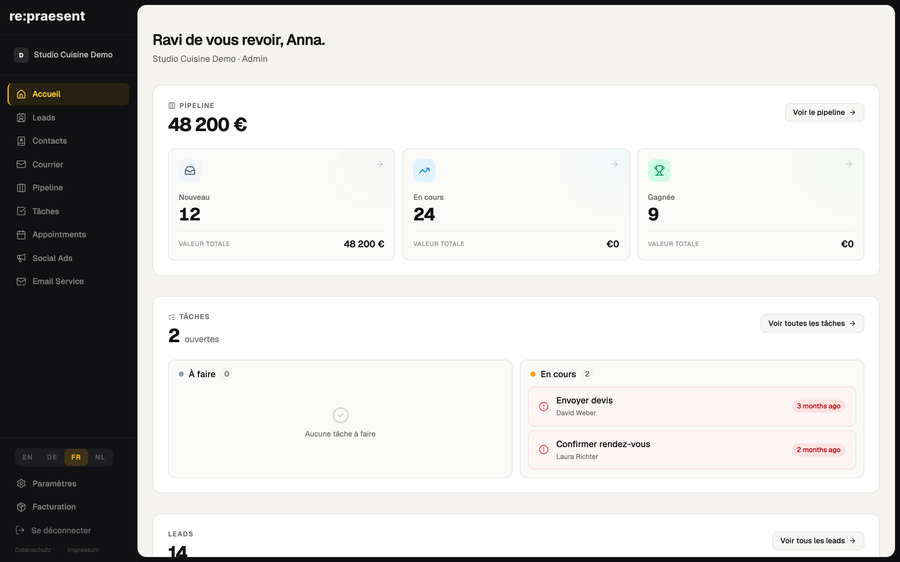 Tableau de bord — pipeline, tâches et leads