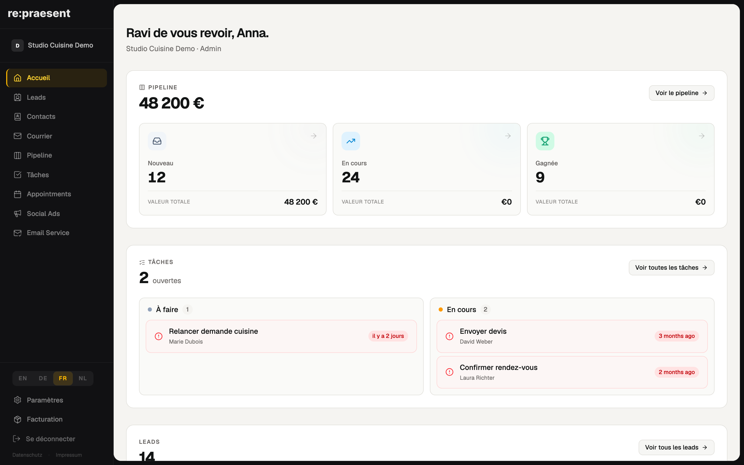 Tableau de bord — aperçu du pipeline, des tâches et des pistes