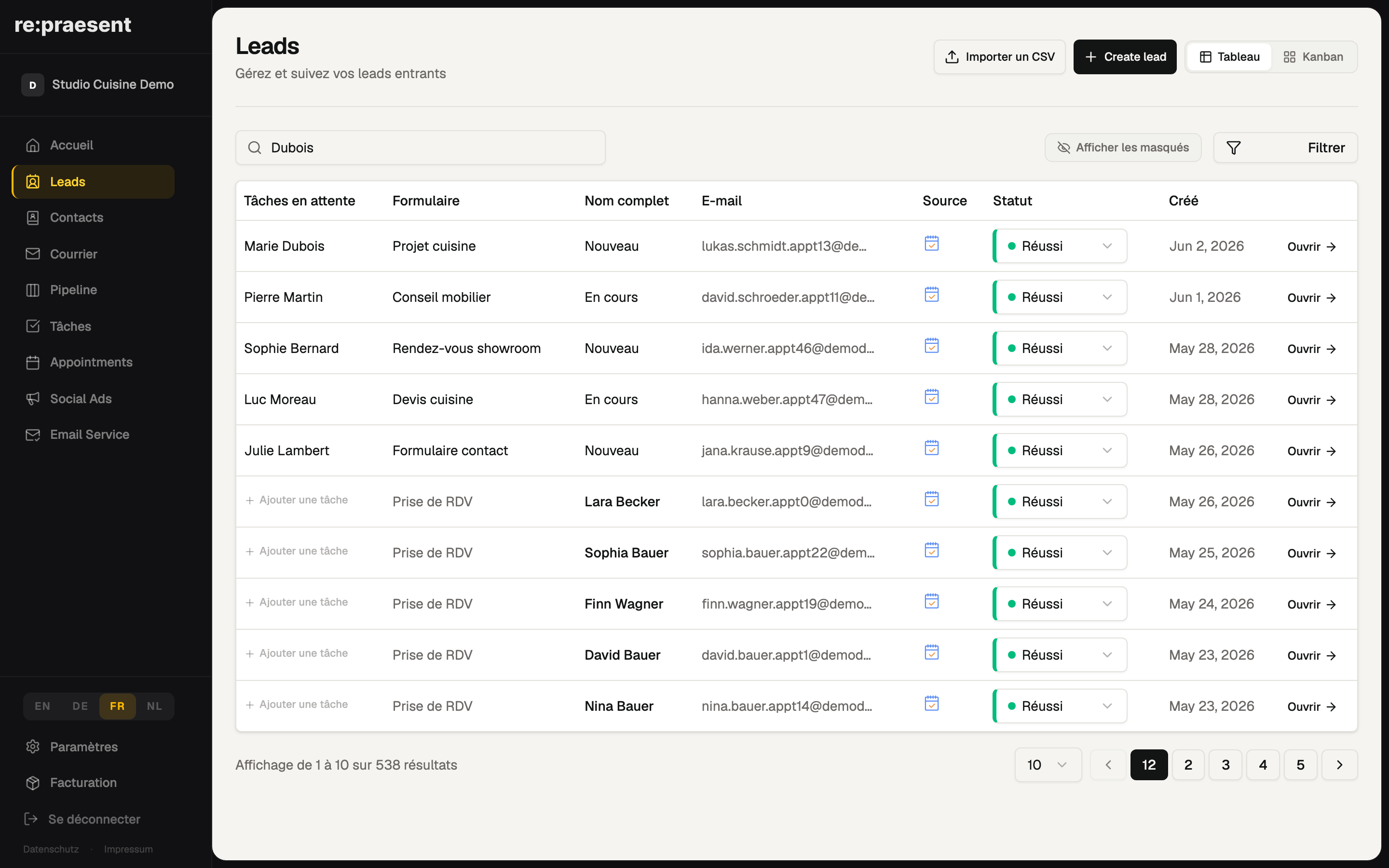 Leads — toutes les demandes