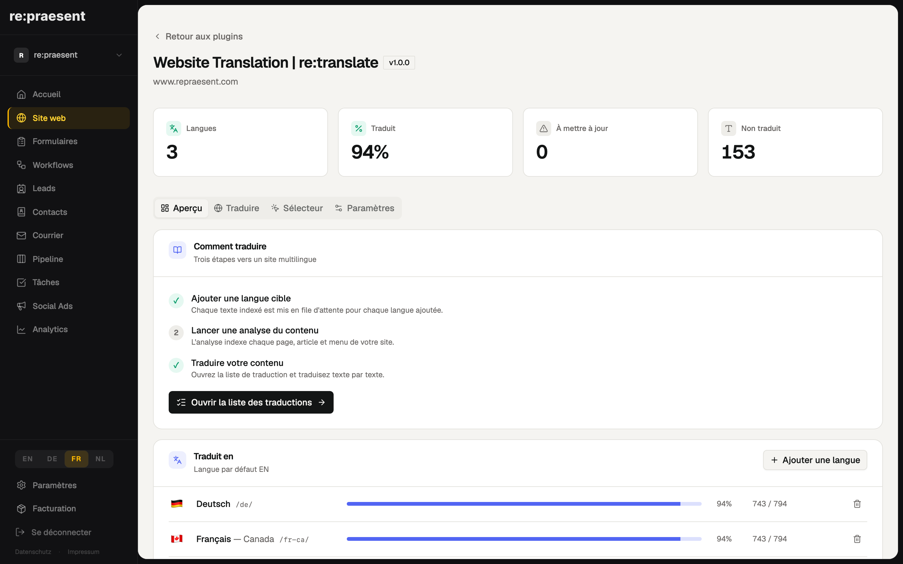 re:translate Aperçu — langues et progression
