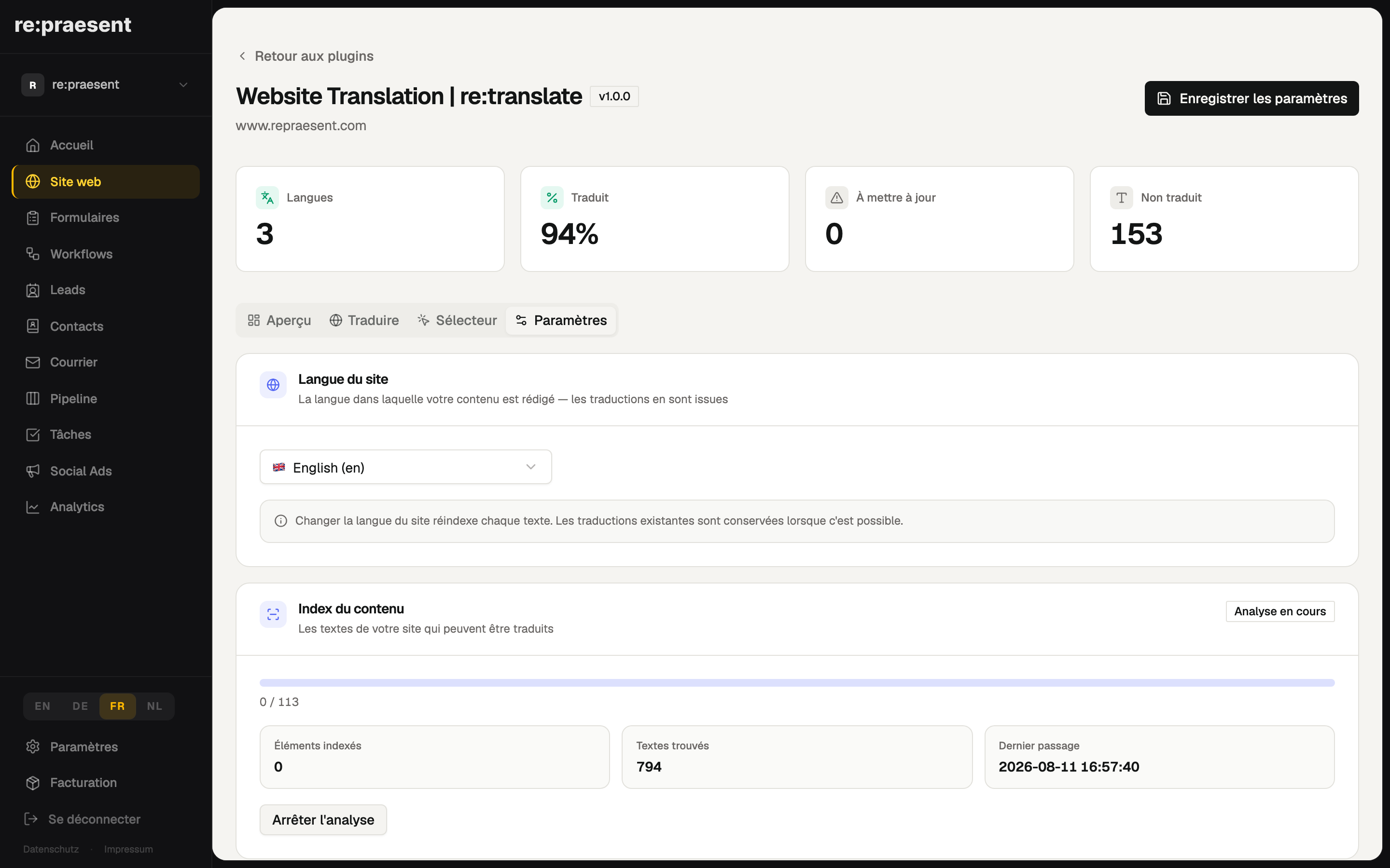 re:translate Paramètres — index de contenu