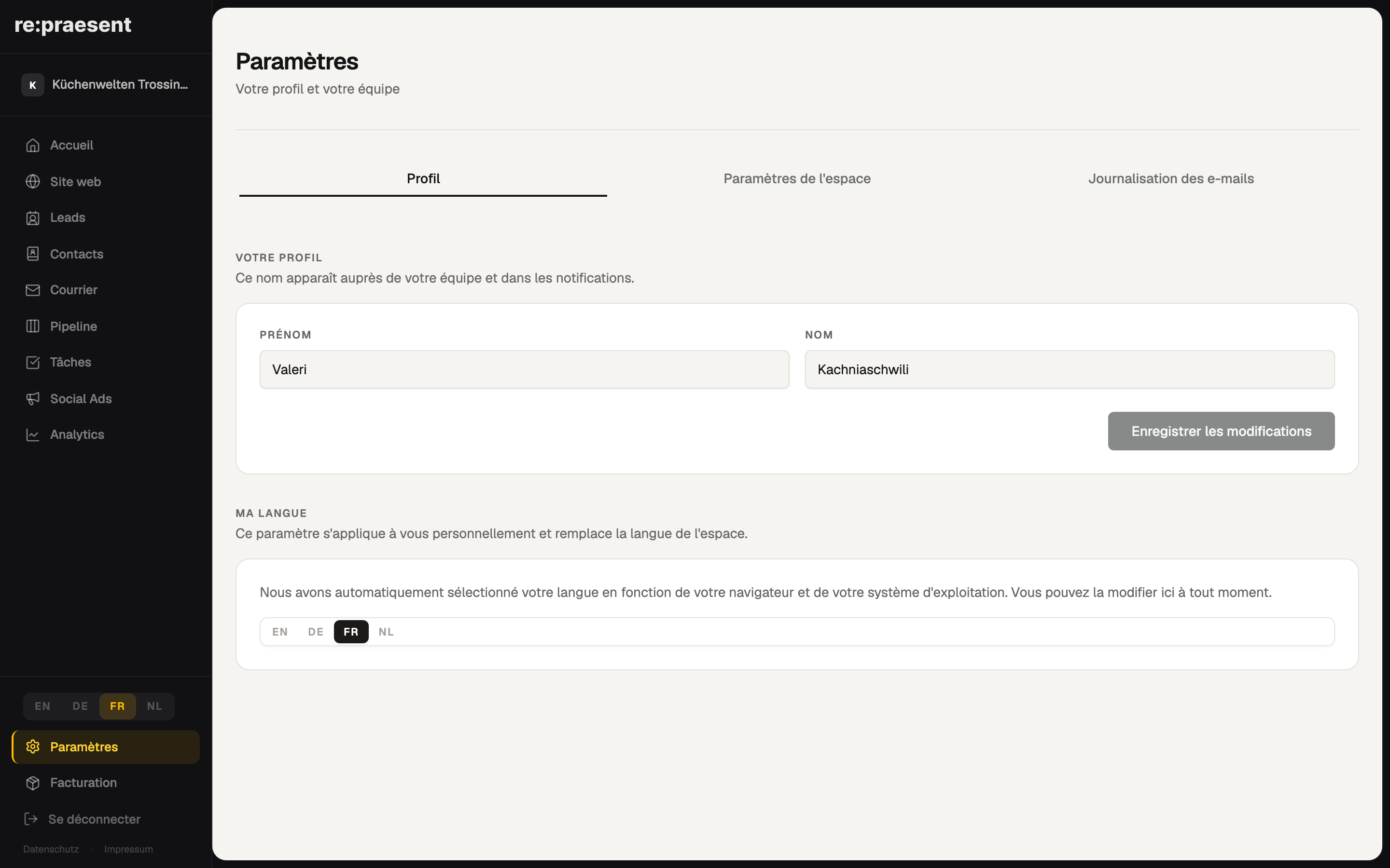Paramètres — profil et équipe