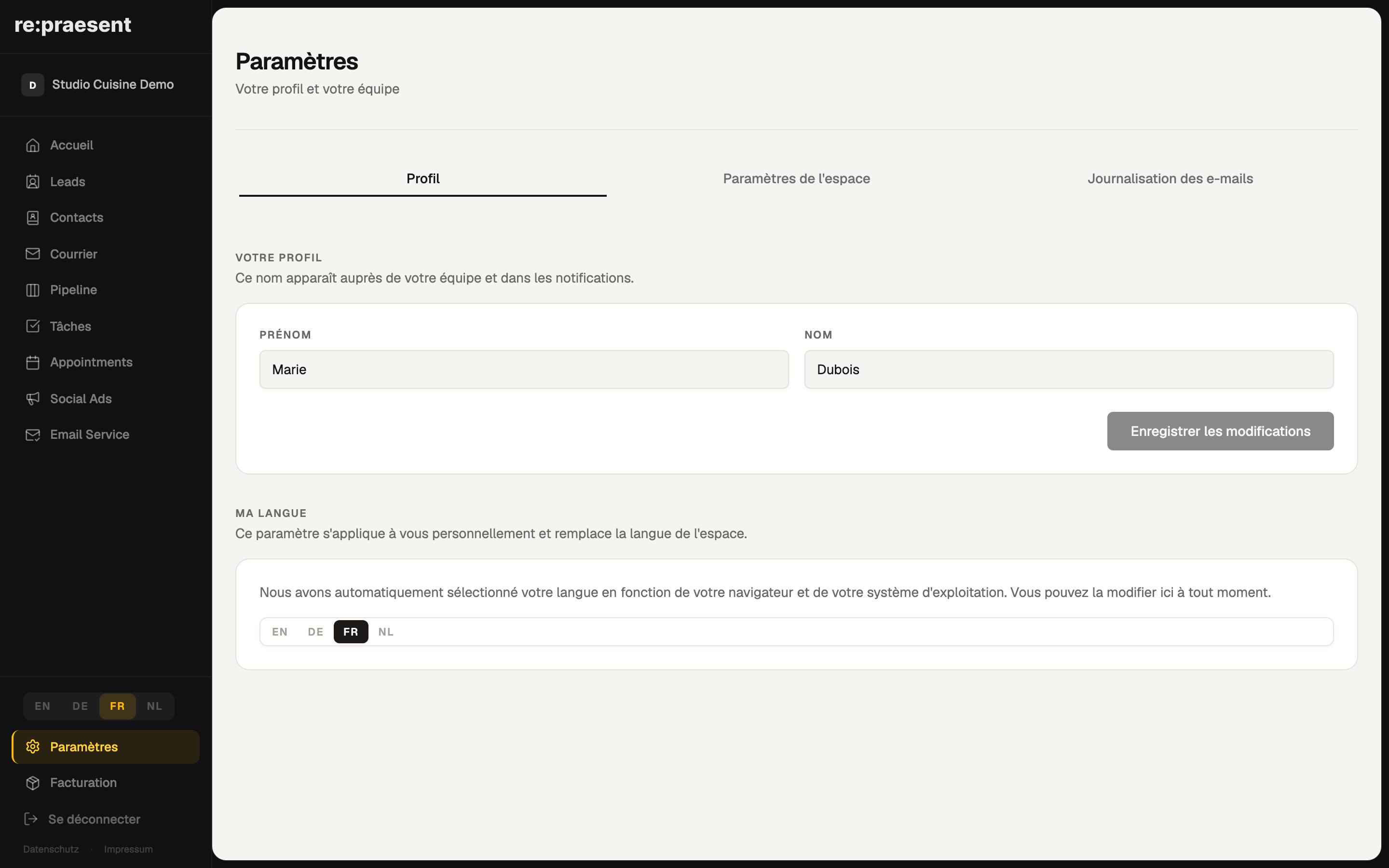 Paramètres — profil et équipe