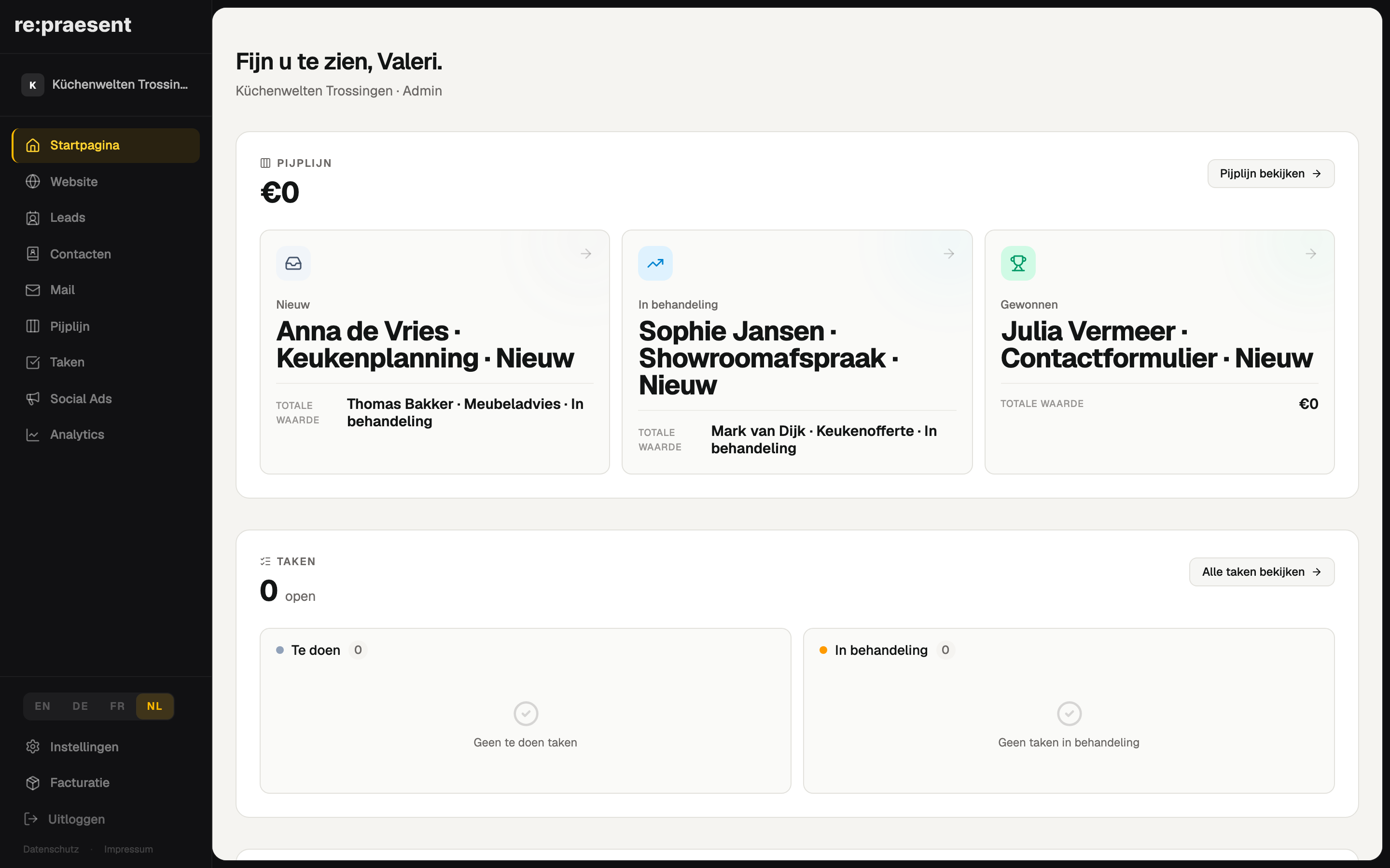Dashboard — pipeline, taken en leads