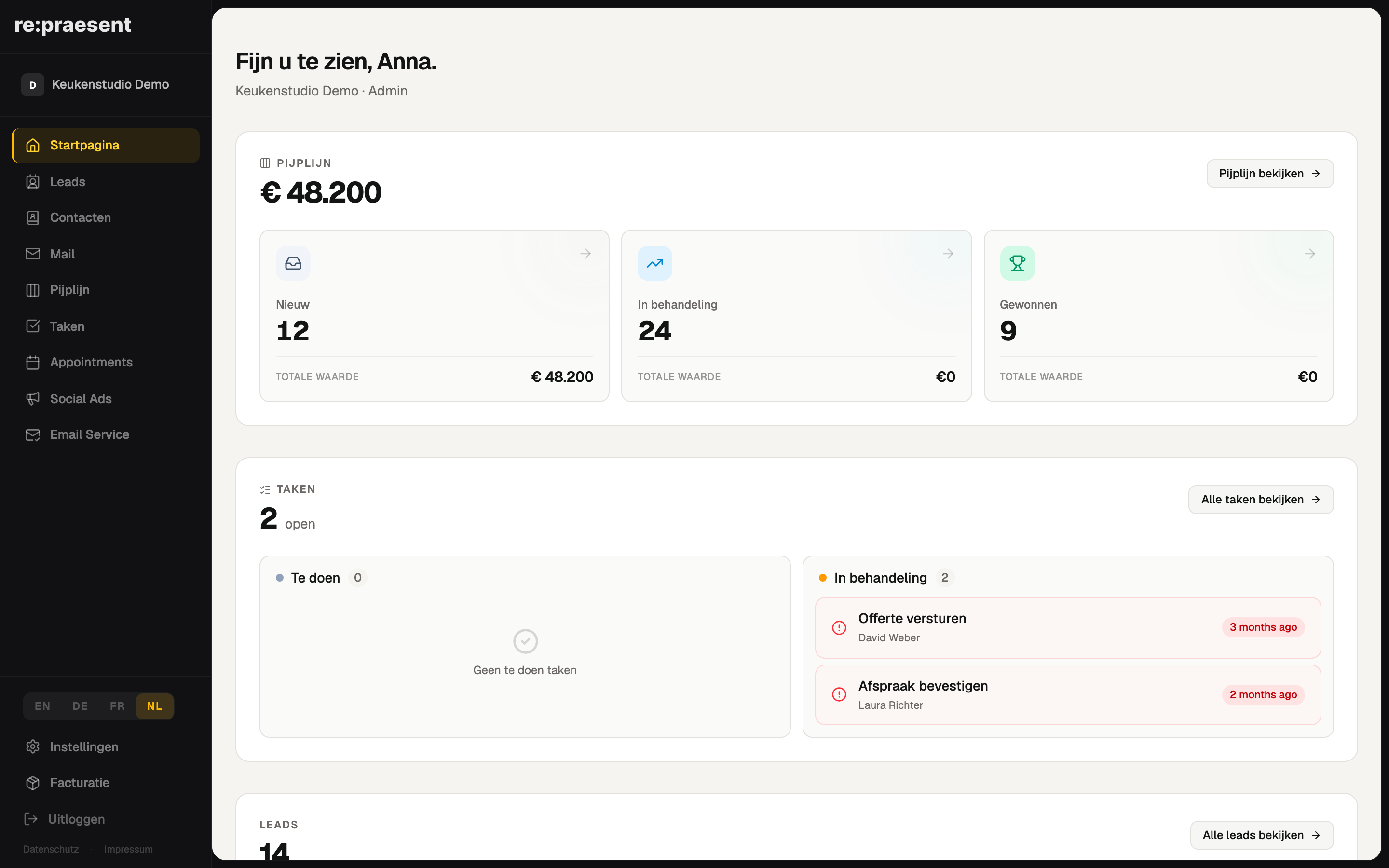Dashboard — pipeline, taken en leads