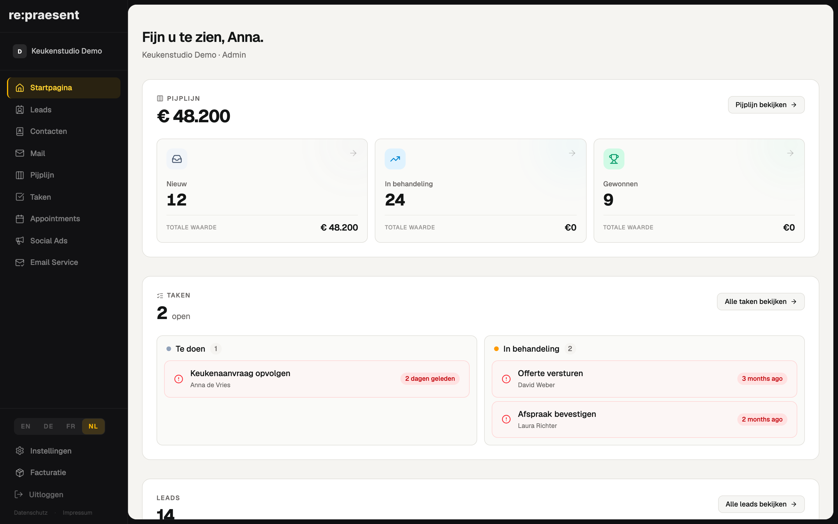 Dashboard — overzicht van leidingen, taken en leads
