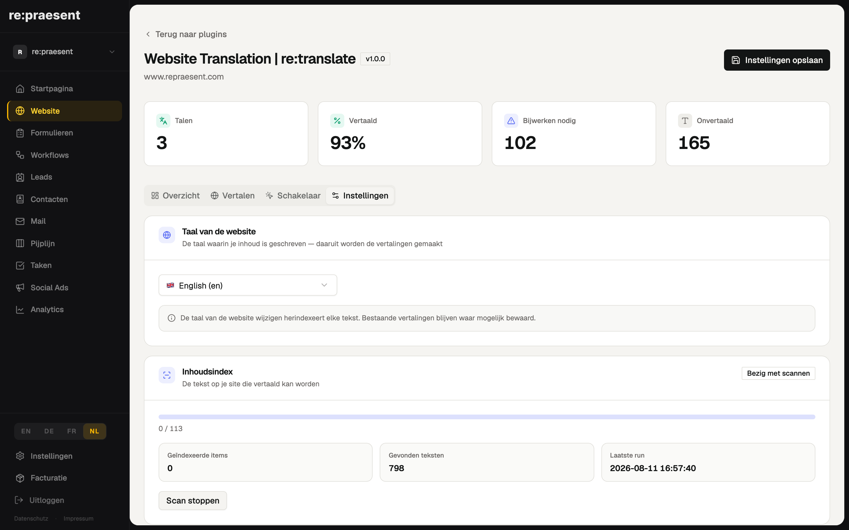 re:vertalen Instellingen — inhoud index