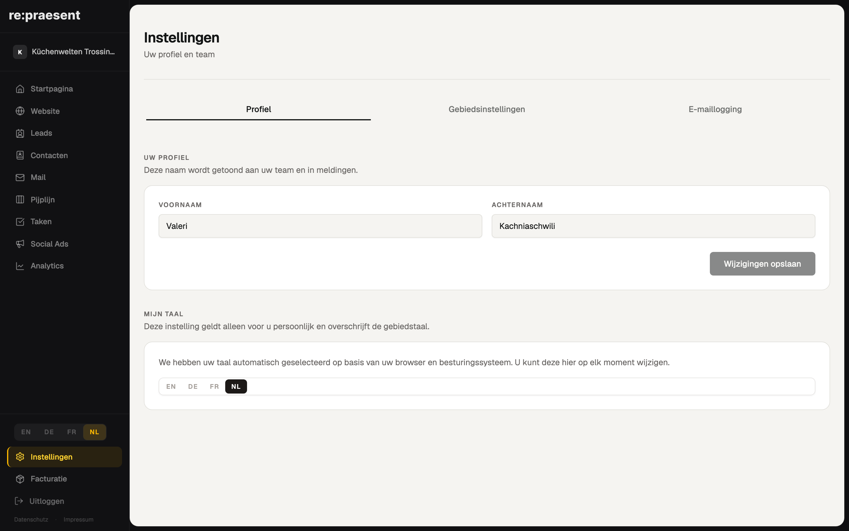 Instellingen — profiel en team